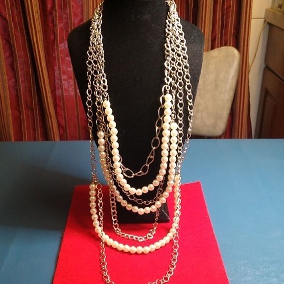 Statement Bib Silver Tone Metal w/ Faux Pearl Necklace Cottagecore Grandmacore - Picture 1 of 4